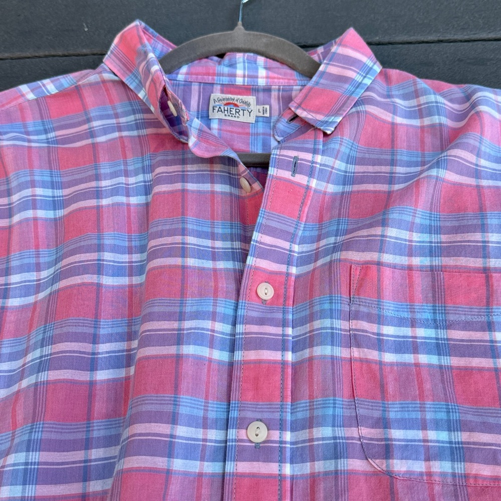 Faherty Men's Lightweight Plaid Shirt - Pink/Red and Blue - Picture 3 of 9